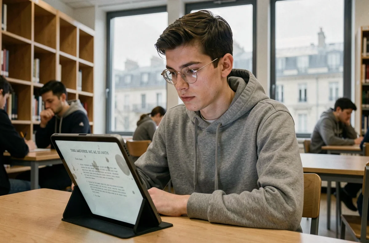 Étudiant français consultant un document numérique sur tablette dans une bibliothèque universitaire moderne