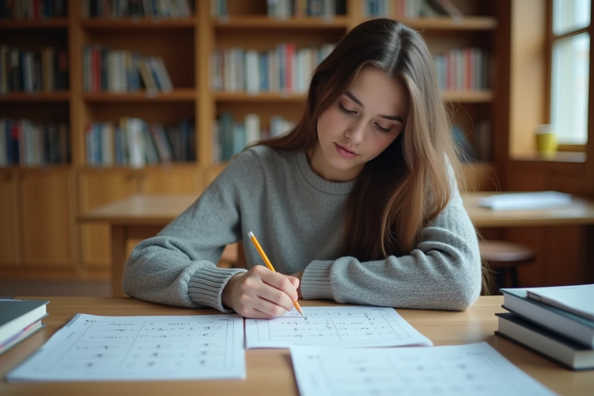 Étudiante en économie travaillant sur un exercice de dotation factorielle à la bibliothèque universitaire