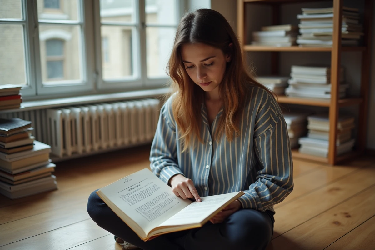 Étudiante en art dramatique étudiant les didascalies annotées dans un script de pièce de théâtre
