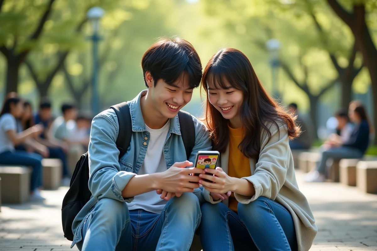 Deux étudiants consultant des scans One Piece en français sur un smartphone en extérieur sur un campus universitaire