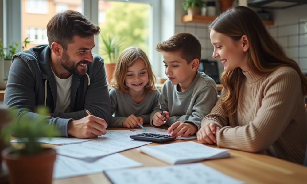 Famille de quatre autour d'une table cuisine pour le budget