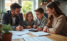 Famille de quatre autour d'une table cuisine pour le budget