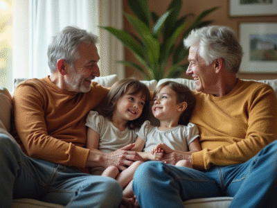 Famille multigeneration assise ensemble dans le salon