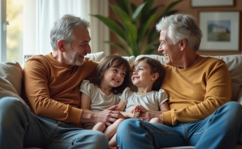 Famille multigeneration assise ensemble dans le salon