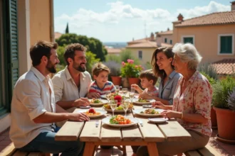 Famille marseillaise multigénérationnelle réunie autour d'un repas sur une terrasse avec vue sur les toits de Marseille