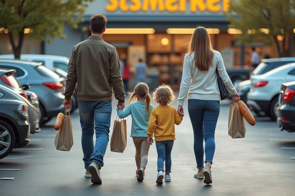 Famille avec sacs de courses dans un parking de supermarche