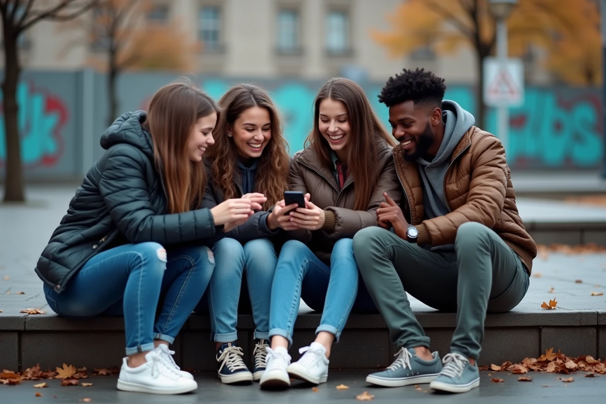 Groupe de jeunes fans réagissant ensemble au contenu d'une influenceuse sur smartphone en milieu urbain