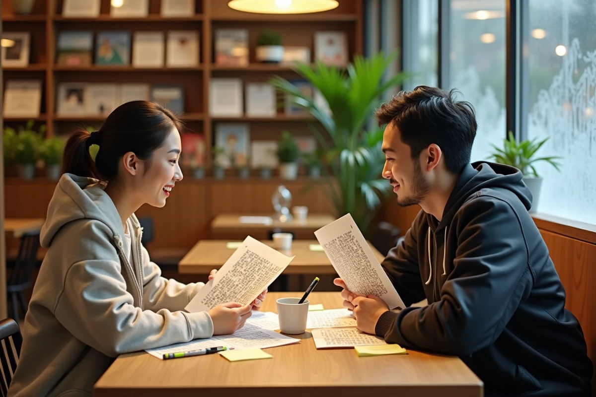 Deux fans de manga en discussion dans un café japonais moderne avec des chapitres One Piece imprimés et des annotations sur la table
