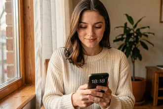 Femme regardant son téléphone affichant 18h18 avec une expression sereine près d'une fenêtre