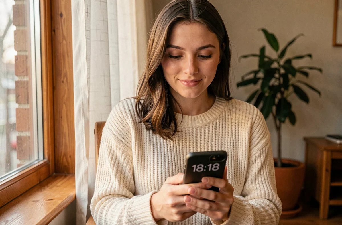 Femme regardant son téléphone affichant 18h18 avec une expression sereine près d'une fenêtre
