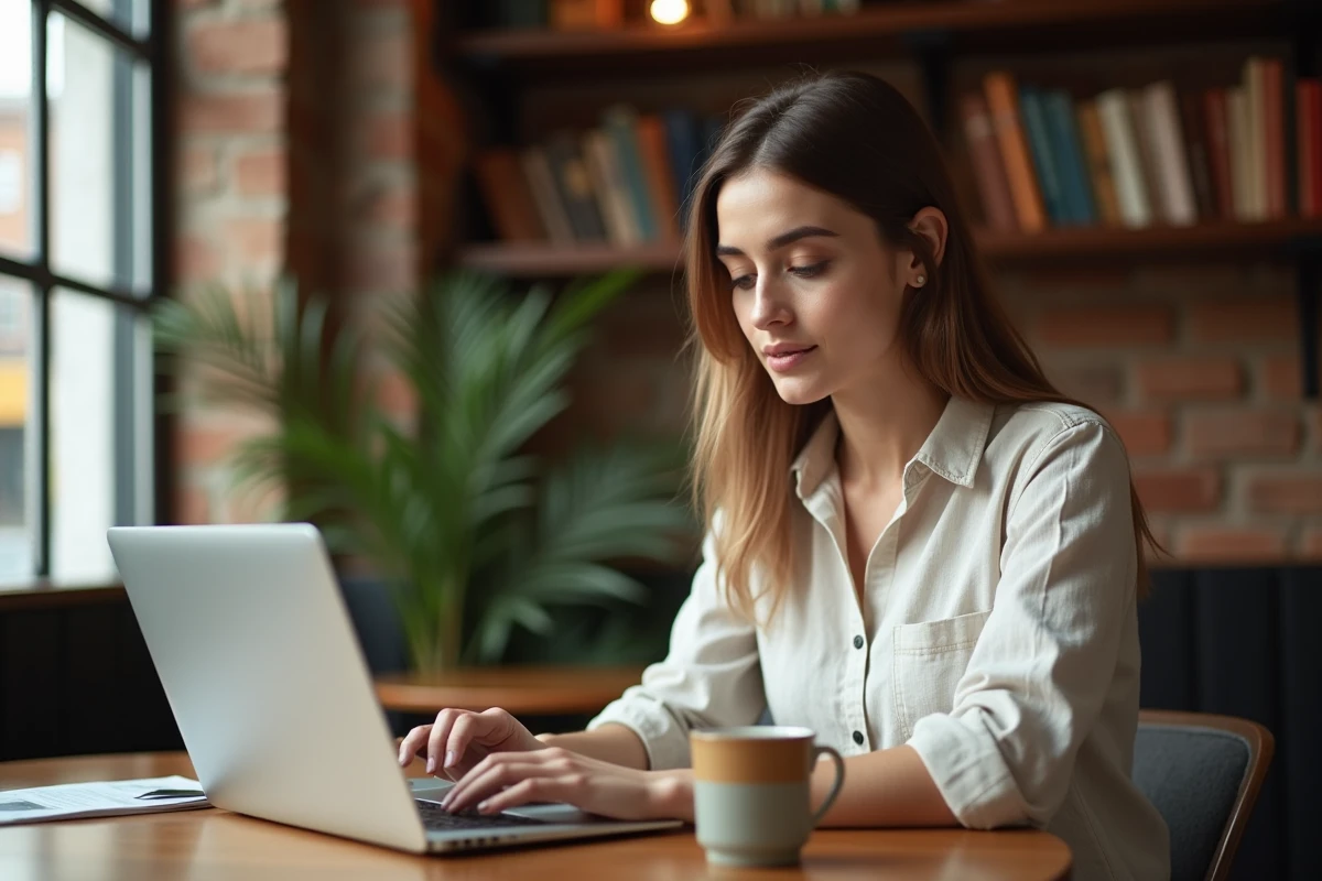 Jeune femme consultant un site d'actualité variée sur son ordinateur portable dans un café moderne et chaleureux