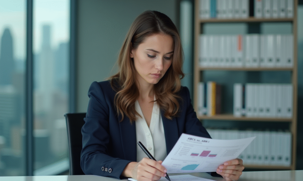 Femme d affaires concentrée avec rapport ABC ABM