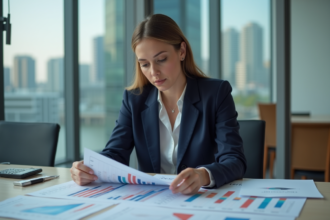 Femme d'affaires en costume regardant des graphiques financiers