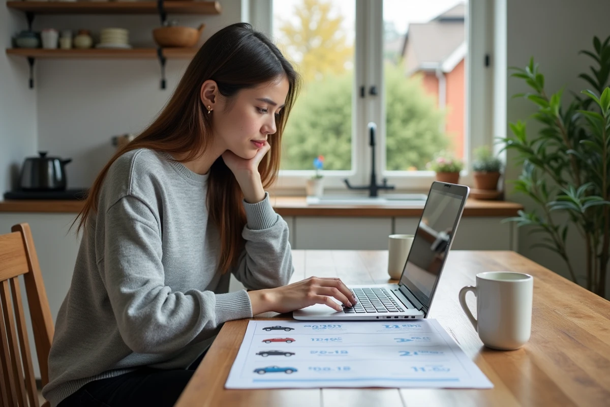 Femme étudiant des tableaux de prix de batteries dans sa cuisine