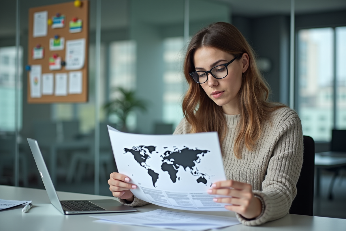 Femme examinant des documents avec cartes et drapeaux internationaux
