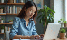 Jeune femme au bureau à domicile travaillant sur son ordinateur