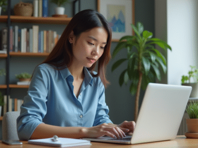 Jeune femme au bureau à domicile travaillant sur son ordinateur