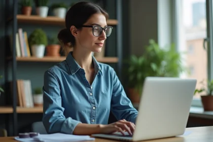 Femme concentrée dans son bureau à domicile avec ordinateur