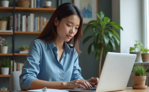 Jeune femme au bureau à domicile travaillant sur son ordinateur