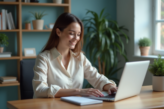 Jeune femme souriante au bureau avec ordinateur portable