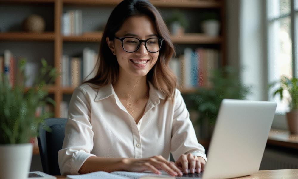 Jeune femme au bureau compare texte traduit et dictionnaire