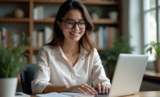 Jeune femme au bureau compare texte traduit et dictionnaire