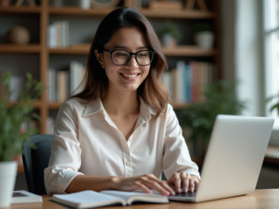 Jeune femme au bureau compare texte traduit et dictionnaire