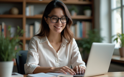 Jeune femme au bureau compare texte traduit et dictionnaire