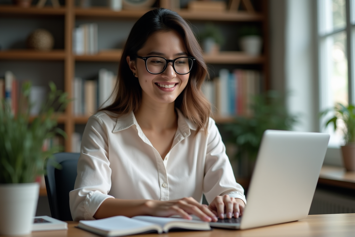 Jeune femme au bureau compare texte traduit et dictionnaire