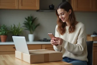 Jeune femme avec colis dans une cuisine moderne