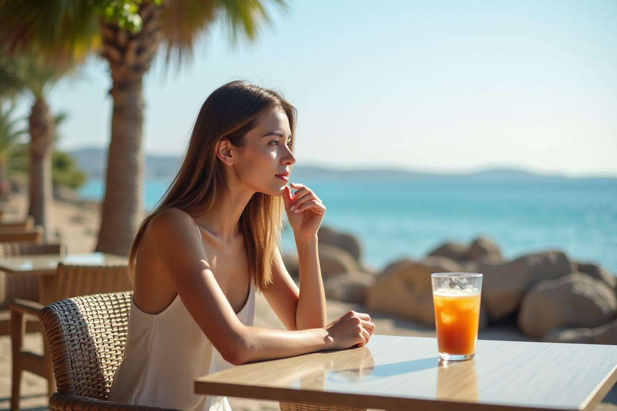 Jeune femme sirotant une boisson au bord de la mer à Chypre