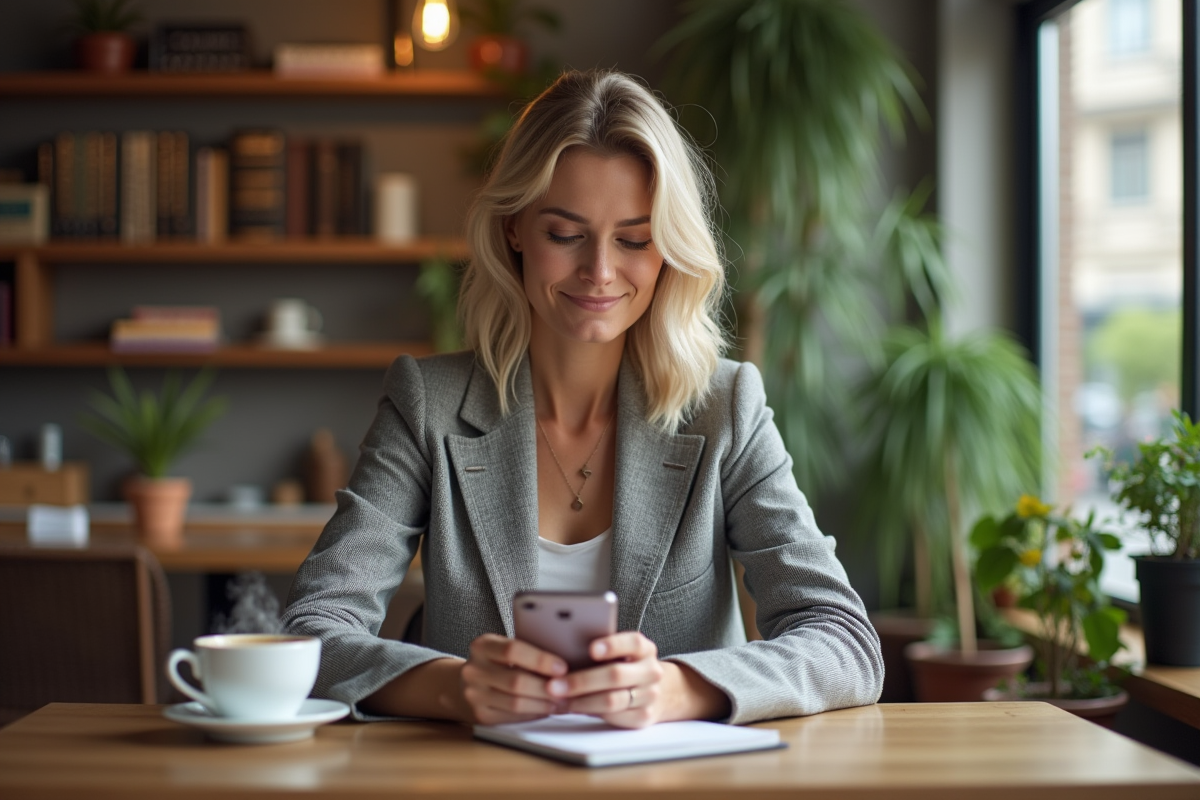 Femme au café prenant des notes avec son smartphone