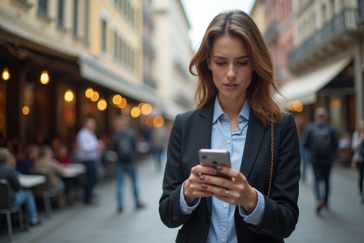 Femme dans un café urbain vérifiant son smartphone inquiète