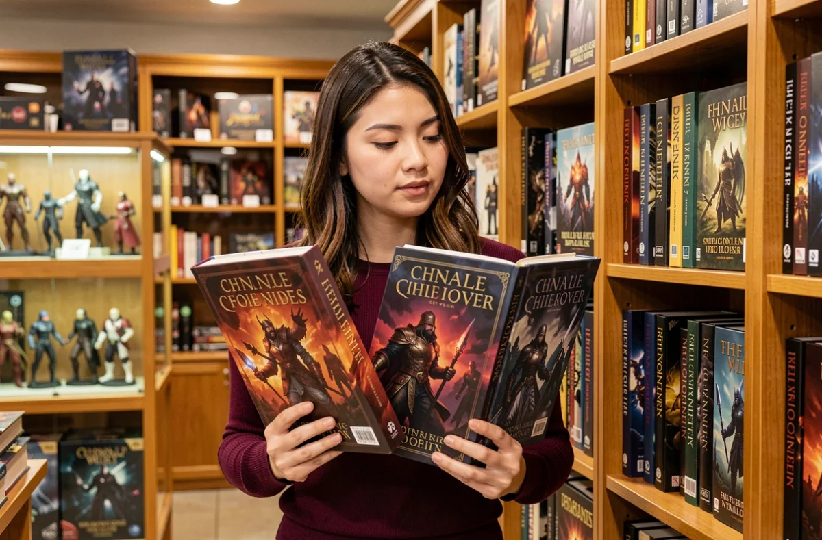 Femme comparant deux livres Warhammer dans une boutique spécialisée jeux de rôle et figurines fantastiques