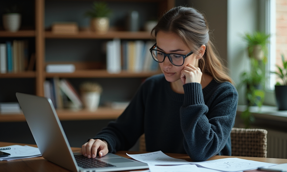 Femme concentrée étudiant un circuit quantique à domicile