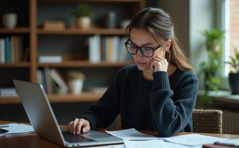 Femme concentrée étudiant un circuit quantique à domicile