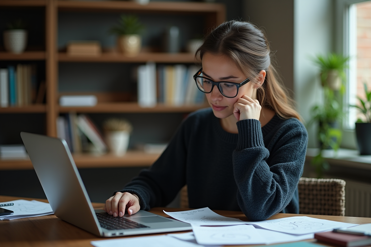 Femme concentrée étudiant un circuit quantique à domicile