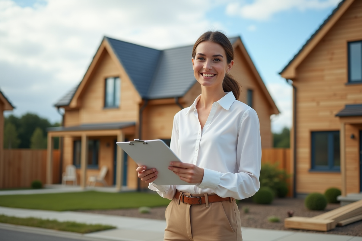 Jeune femme souriante devant une maison écologique en construction