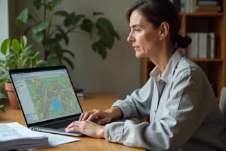 Femme consultant le site Geoportail sur un ordinateur portable pour des démarches d'urbanisme à domicile
