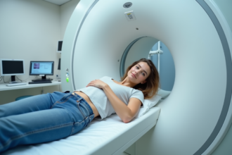 Femme allongée sur un scanner dans une salle moderne