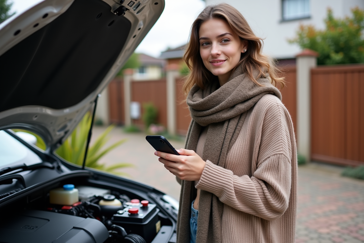 Jeune femme vérifiant batterie voiture avec smartphone dehors
