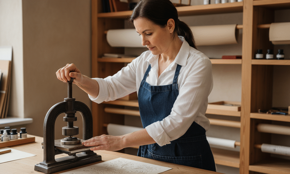 Femme embossant du papier avec presse classique en atelier