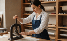 Femme embossant du papier avec presse classique en atelier