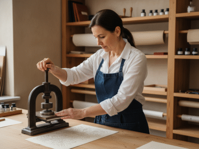 Femme embossant du papier avec presse classique en atelier