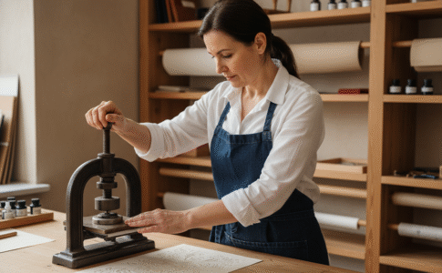 Femme embossant du papier avec presse classique en atelier
