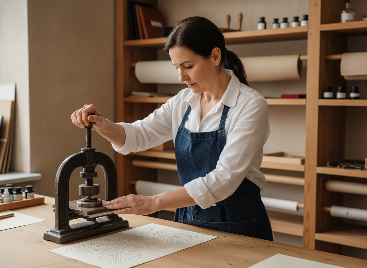 Femme embossant du papier avec presse classique en atelier