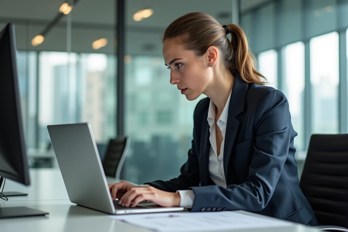 Jeune femme en bureau moderne utilise un ordinateur pour calcul d energie