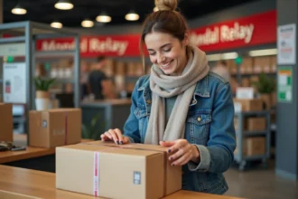 Femme souriante vérifiant un colis chez Mondial Relay