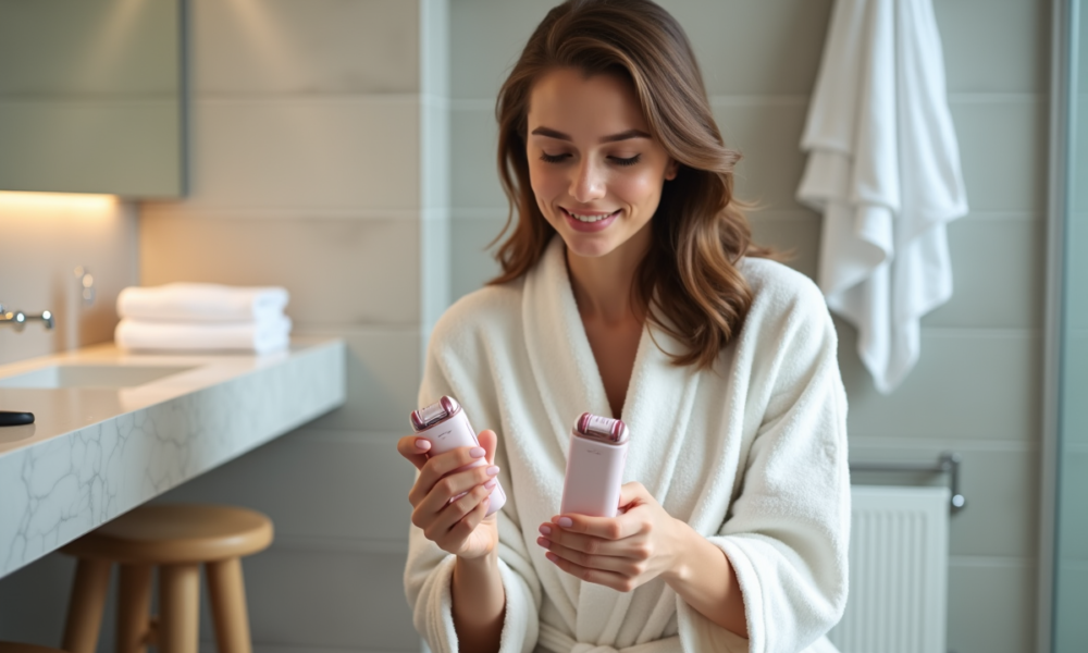 Femme en peignoir regardant des epilateurs dans la salle de bain