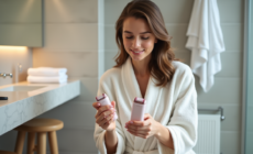 Femme en peignoir regardant des epilateurs dans la salle de bain
